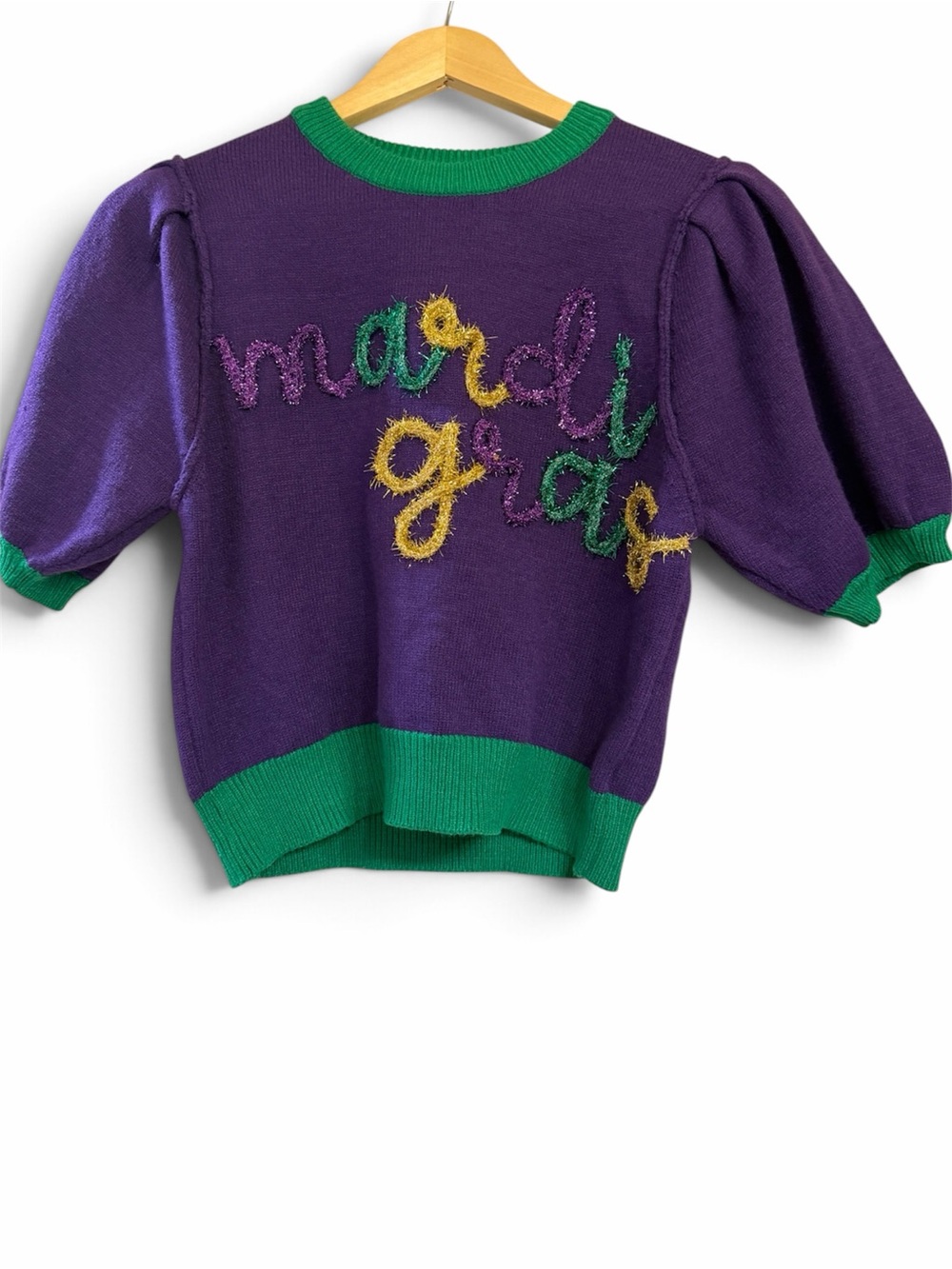 Mardi Gras Women’s Purple Knit Top with Green Trim and tinsel Sz Small